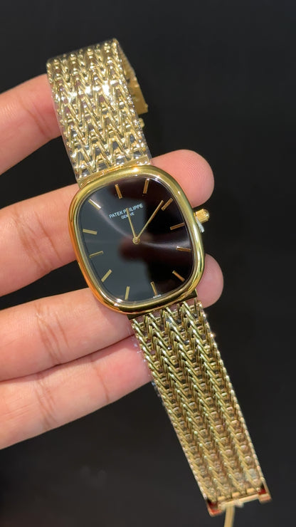 Pp Ellipse | Gold Mesh Chain | Black Ebony Dial