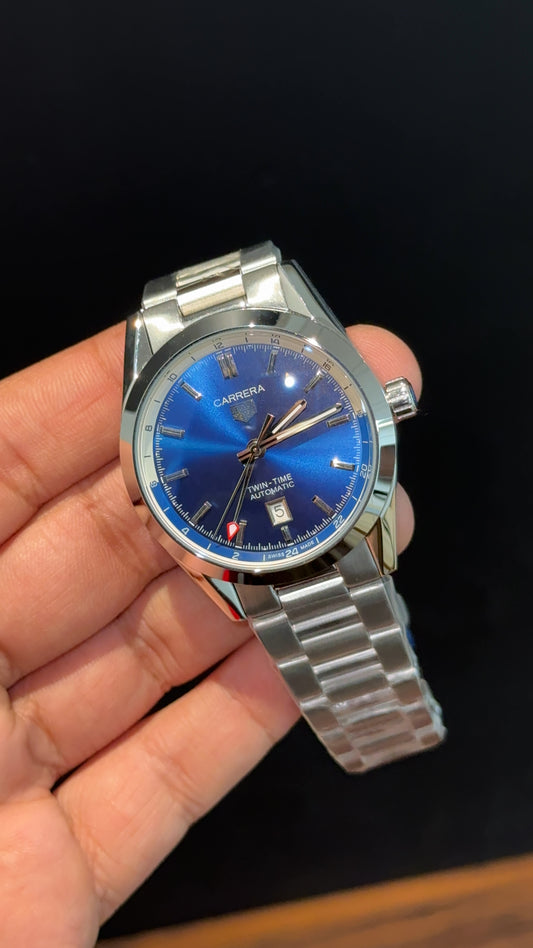 Tag Carrera | Silver Chain | Twin Time |Blue Dial