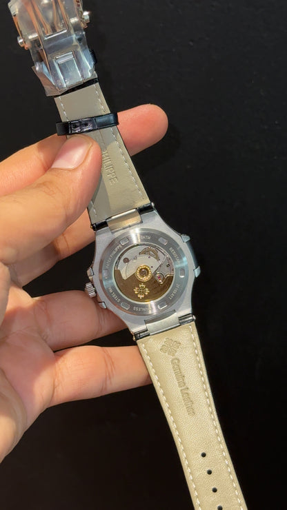 Pp Auto | Moonphase | Chrono | Silver Case | Black Leather Strap | White Dial