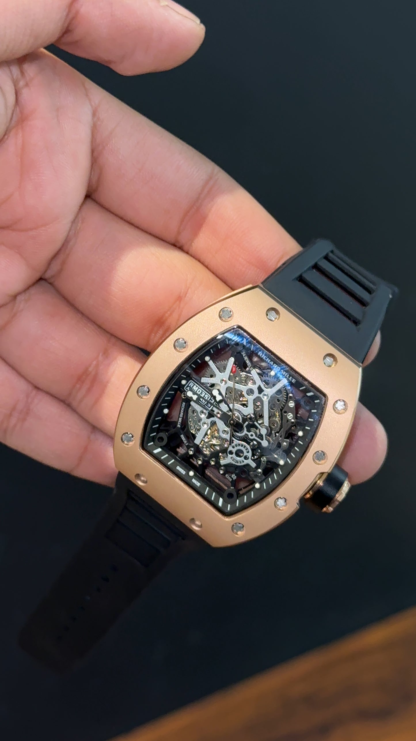Premium Richard Mille | RM 035 Americas 2 | Rose Case | Skeleton | Black Strap | Black Dial