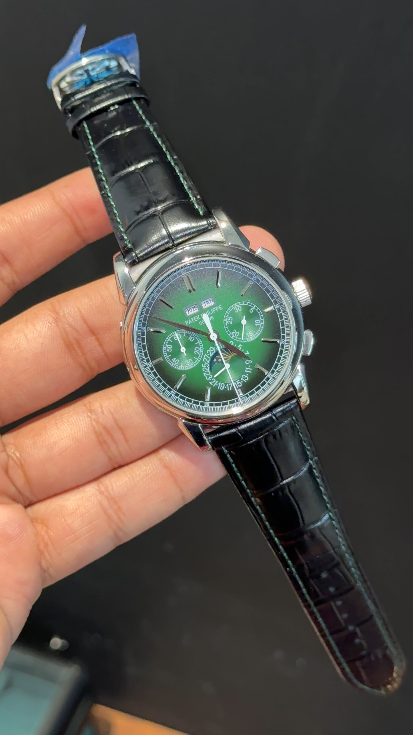 Patek Century | Auto | Silver Case | Gradient Green Dial | Black Leather Strap - twentyfour