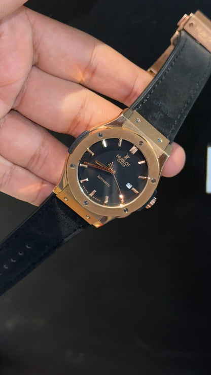 Hublot Auto | Rose Case | Black Strap | Black Dial