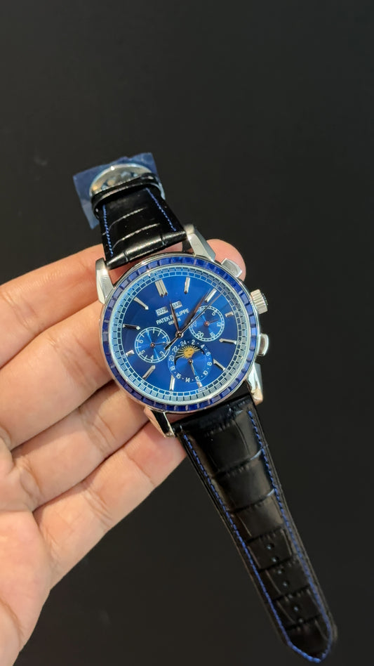 Patek Century | Auto | Silver | Blue Diamond Bezel | Black Leather Strap | Blue Index Dial