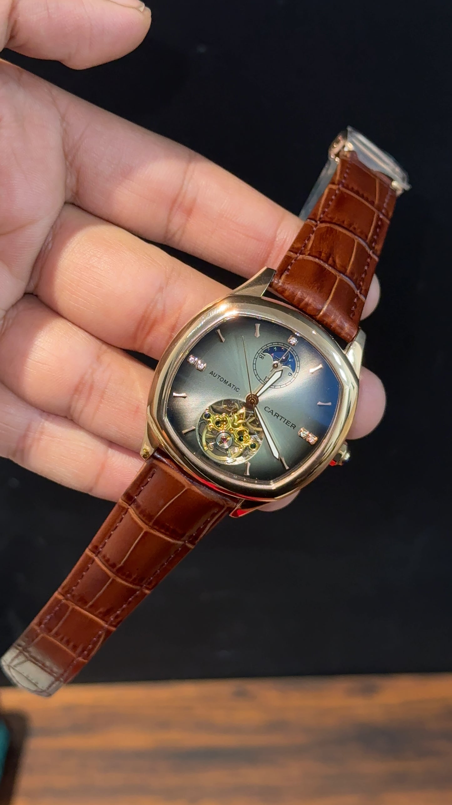 Cartier | Rose Square Bezel | Pendulum | Moonphase | Brown Strap | Shady White Blue Dial