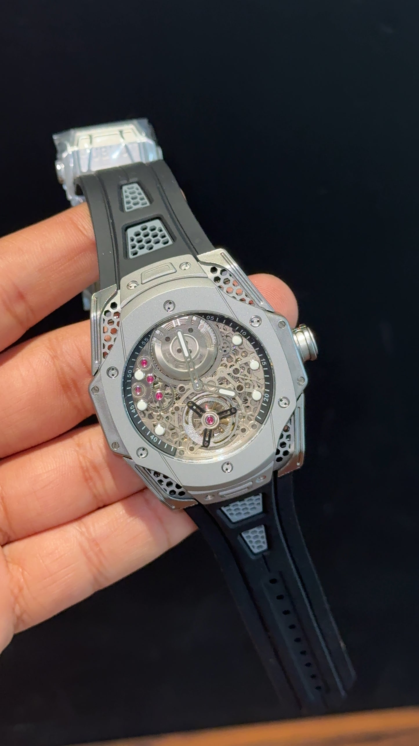 Premium Hublot | Big Bang Tourbillon Edition | Black Strap | Silver Skeletonized Dial