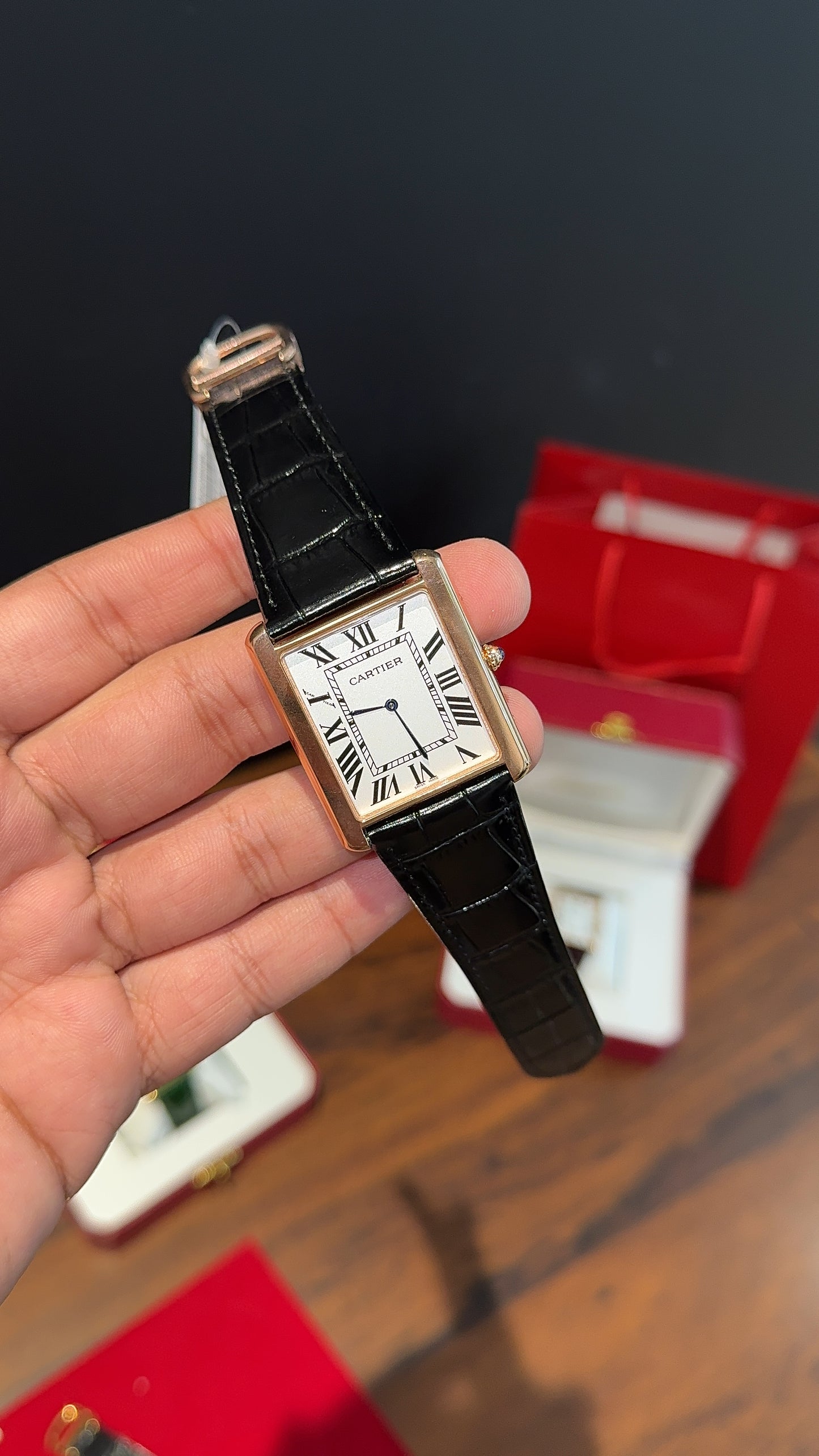 Cartier Tank | Rose | Black Leather Strap | White Dial