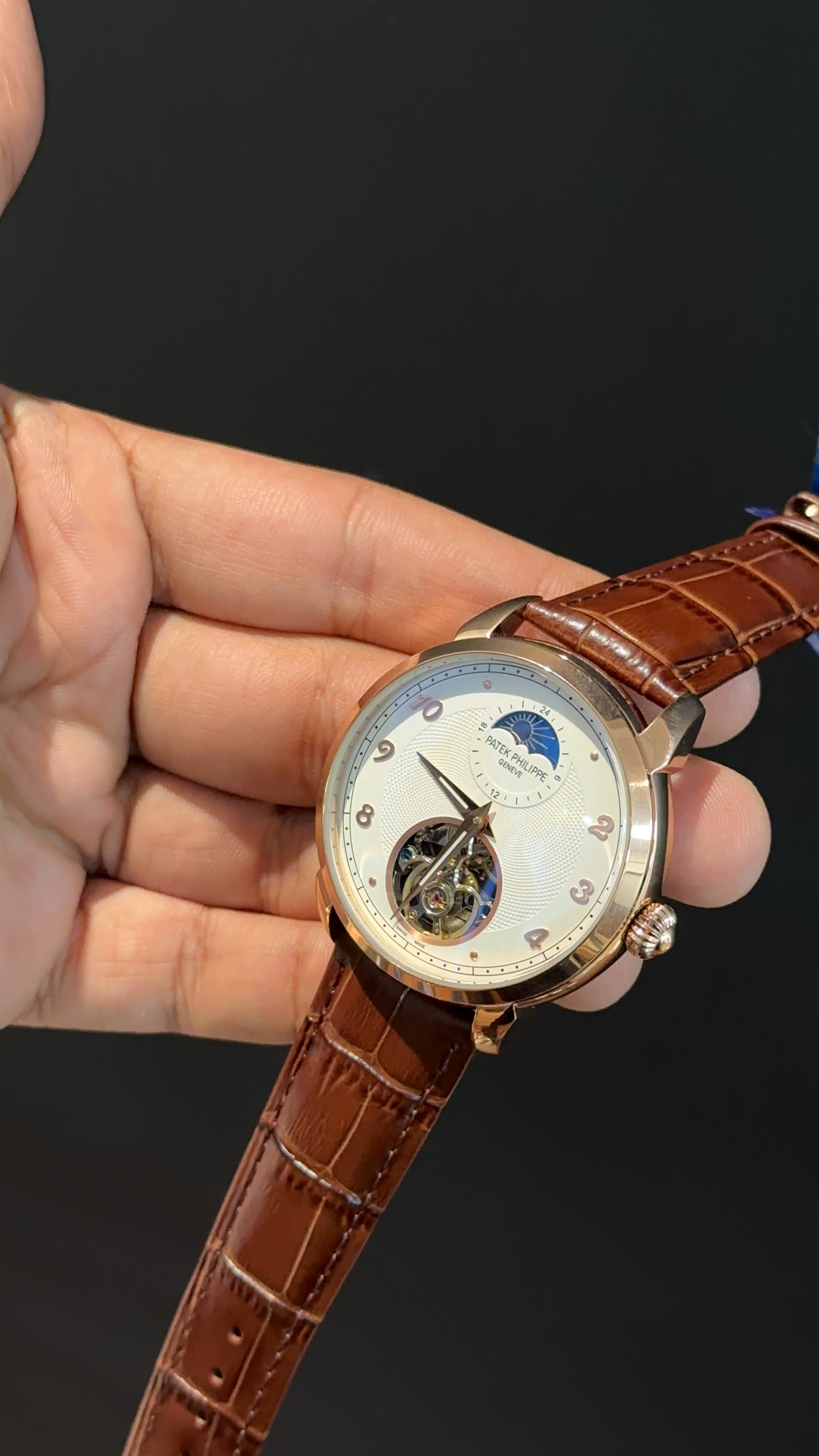 PP Auto | Rose | Pendulum | MoonPhase | Brown Leather Strap | White Textured Dial