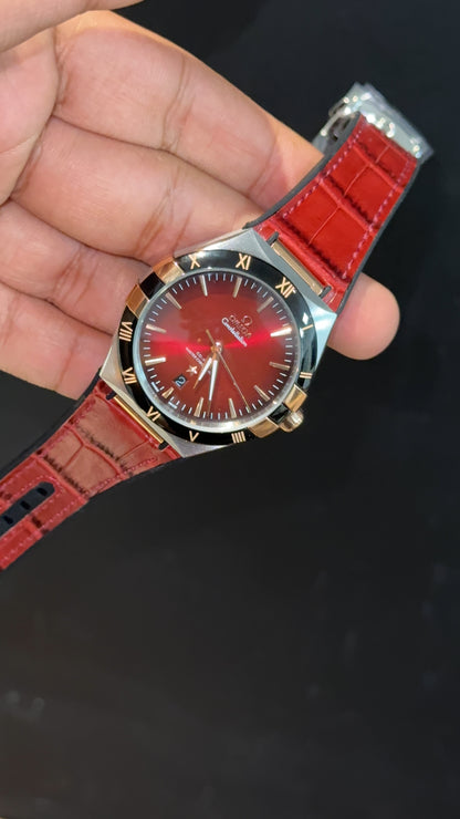 Omega Constellation | Silver Black Case | Red Strap | Red Plain Dial - twentyfour