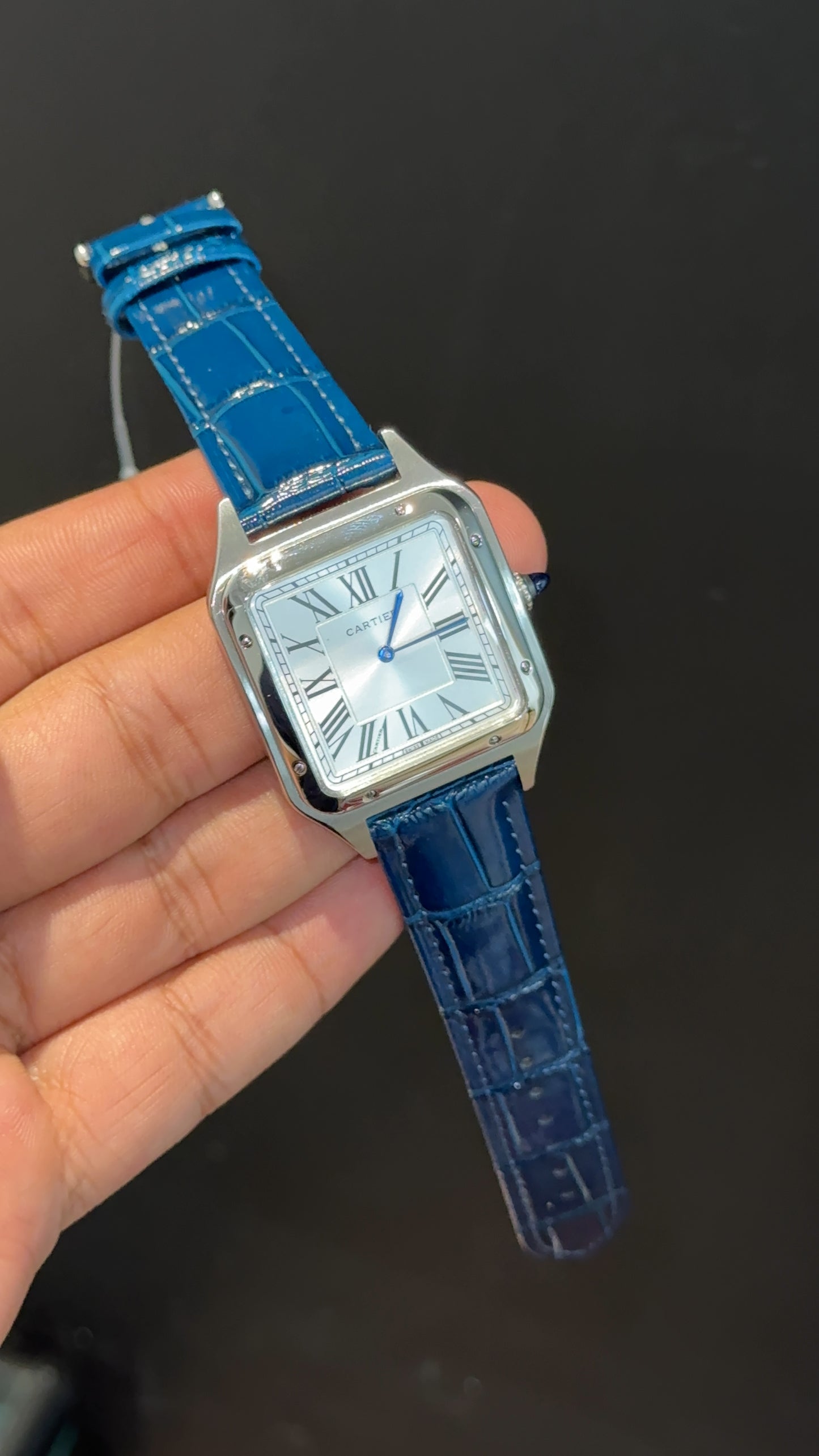 Cartier Santos | Silver Case | Blue Dumont Strap | White Dial