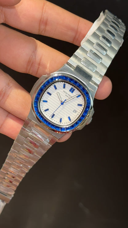 PP Auto | Blue Diamond Bezel | Silver Chain | White Dial