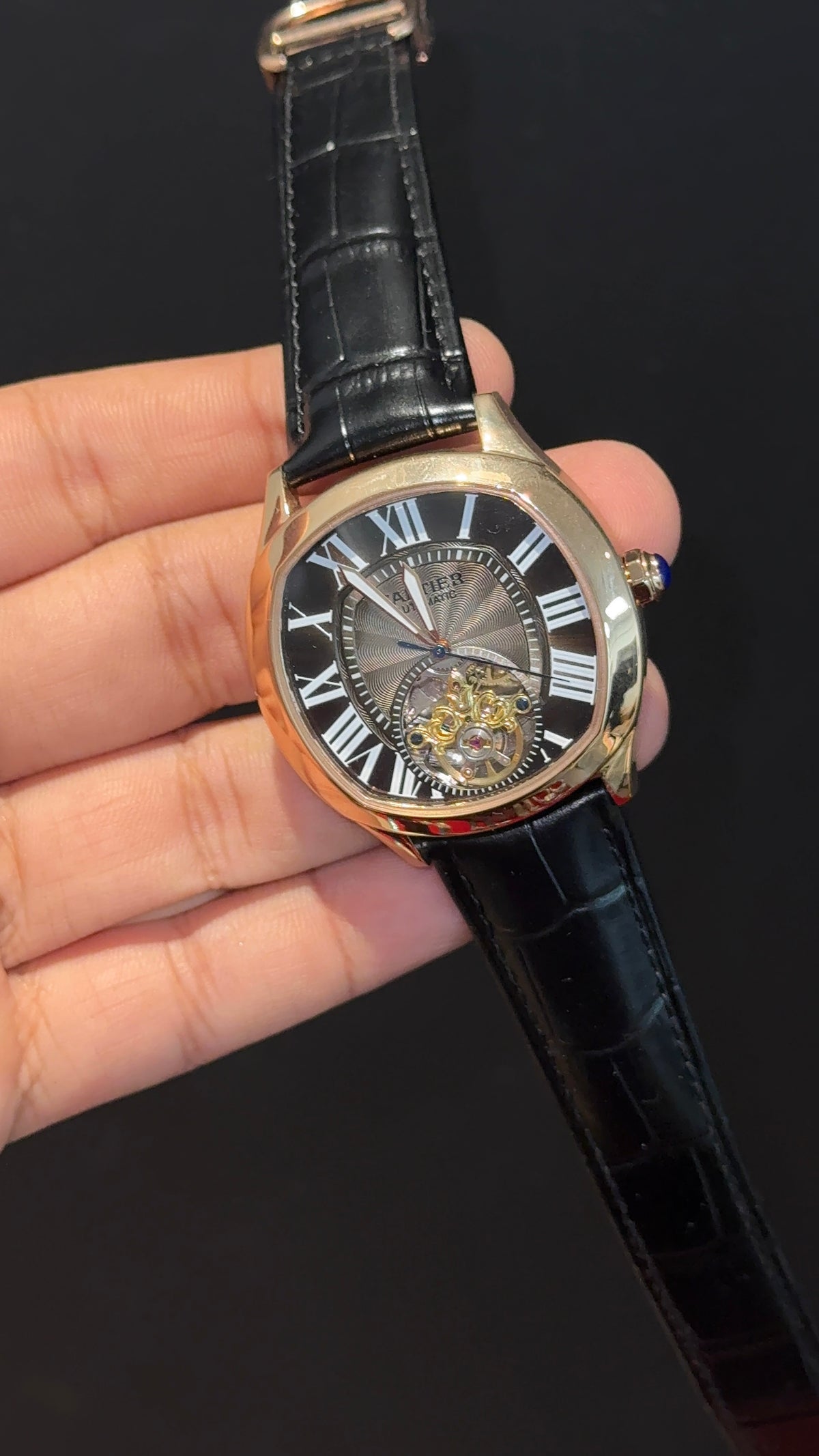 Cartier | Rose Case | Black Leather Strap | Skeleton | Rose Shaady Bkack Dial