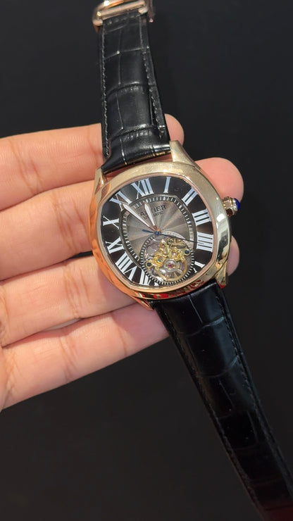 Cartier | Rose Case | Black Leather Strap | Skeleton | Rose Shaady Bkack Dial