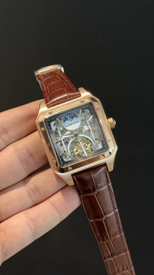 Cartier | Rose | Skeleton | MoonPhase | Square Shape Case | Brown Leather Strap | Grey Dial