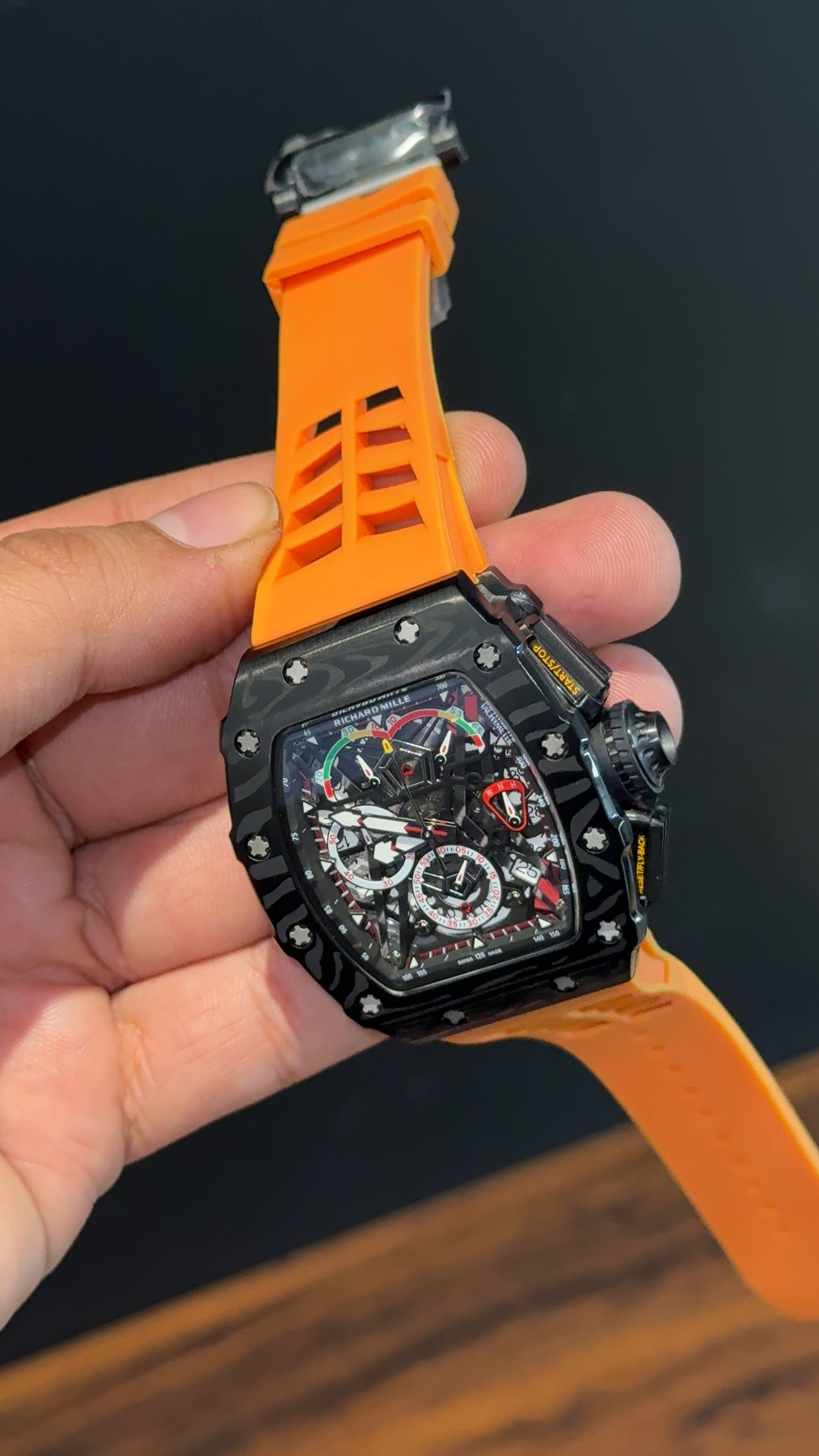 Premium Richard Mille | RM 50-03 Mclaren F1 Series | Black Case | Tourbillion | Chrono | Orange Strap | Black Dial