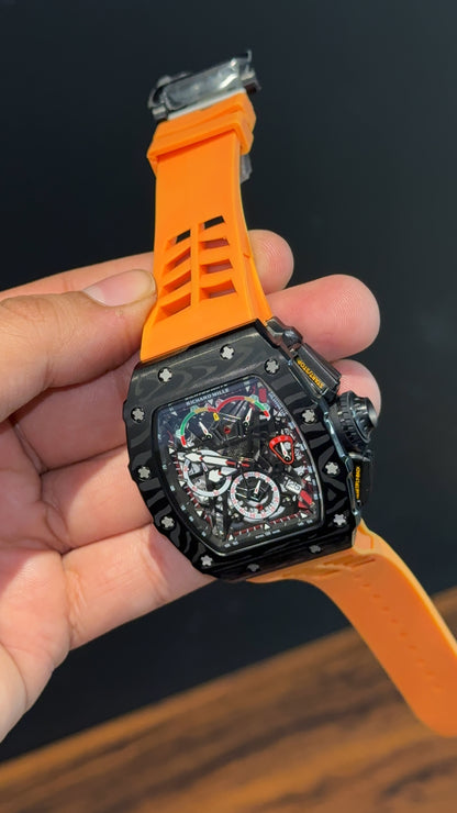 Premium Richard Mille | RM 50-03 Mclaren F1 Series | Black Case | Tourbillion | Chrono | Orange Strap | Black Dial