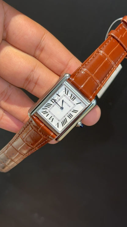 Cartier Tank | Silver | Brown Leather Strap | White Crafted Dial