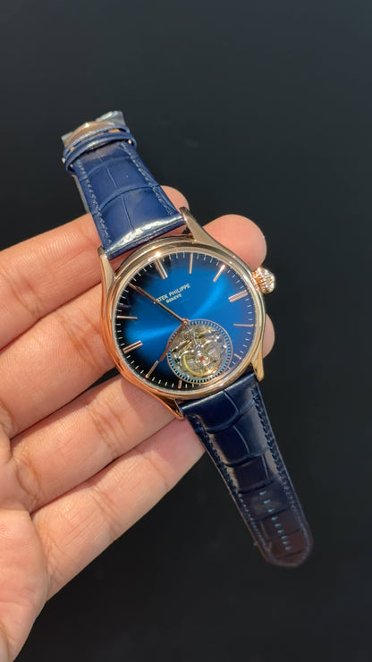 Patek Auto | Rose | Blue Leather Strap | Pendulum | Gradient Blue Dial