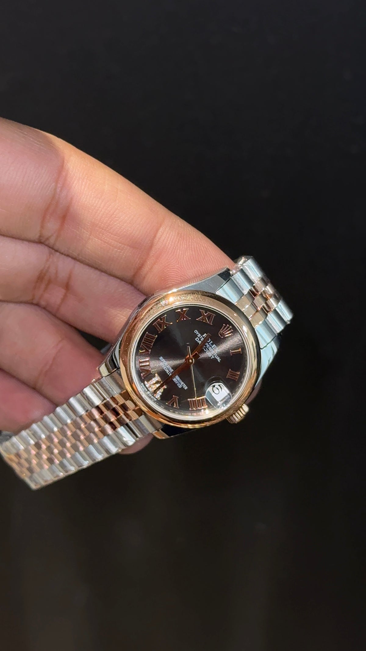 Premium DateJust | Eveline | Plain Bezel | 30mm | Women | Rose Two Tone | Black Index Dial