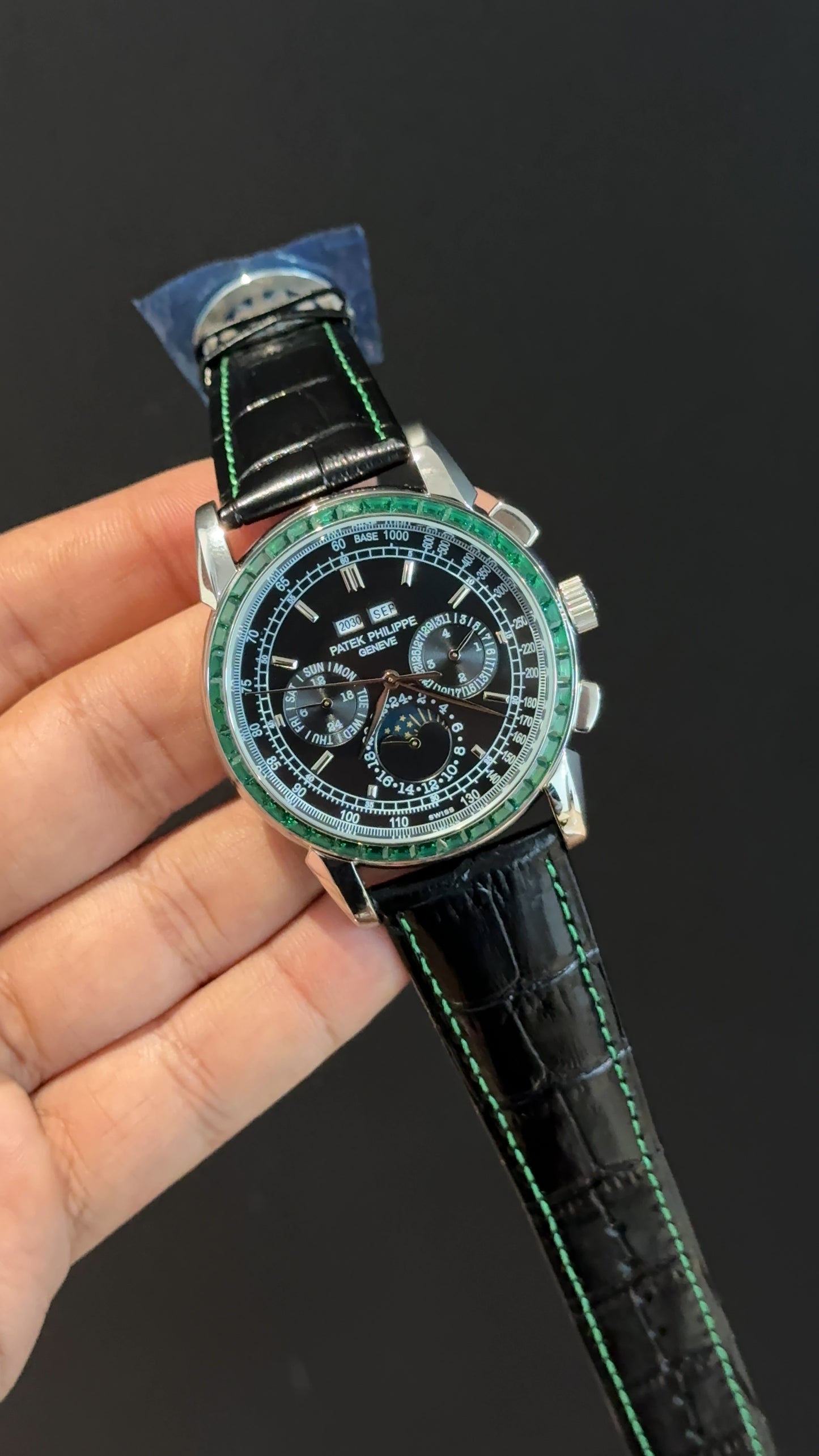 Patek Century | Auto | Silver | Diamond Bezel | DayDate | Black Leather Strap | Black Dial