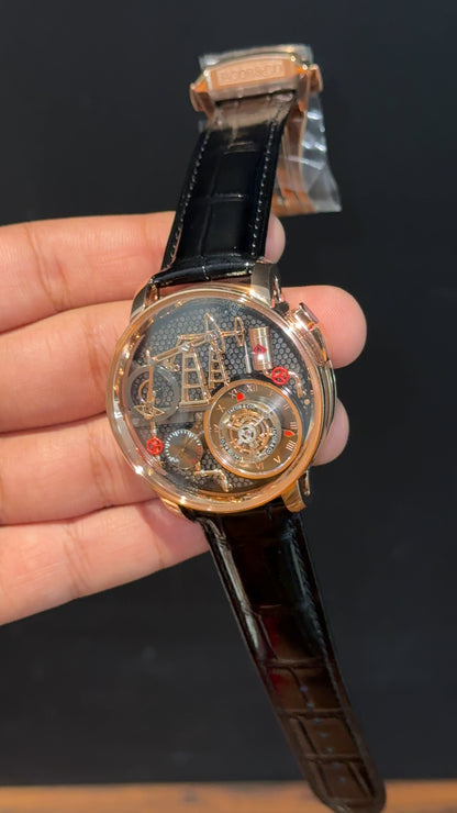 Executive Jacob And Co | Rose Case | Oil Pump Edition | Black Leather Strap | Black Dial