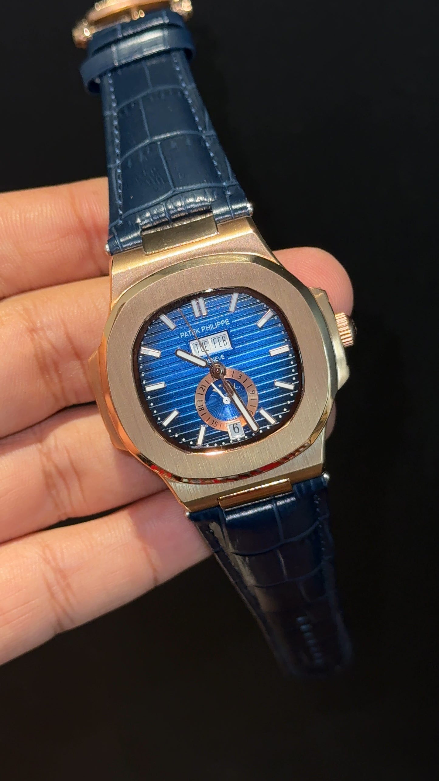 Pp Auto | Moonphase | Yearly Edition | Rose Case | Blue Leather Strap | Blue Dial
