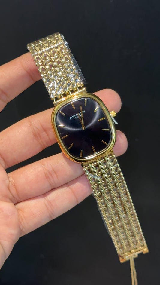 Pp Ellipse | Gold Mesh Chain | Black Ebony Dial