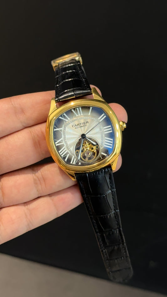 Cartier | Gold Square Bezel | Pendulum | Black Strap | Shady White Black Dial