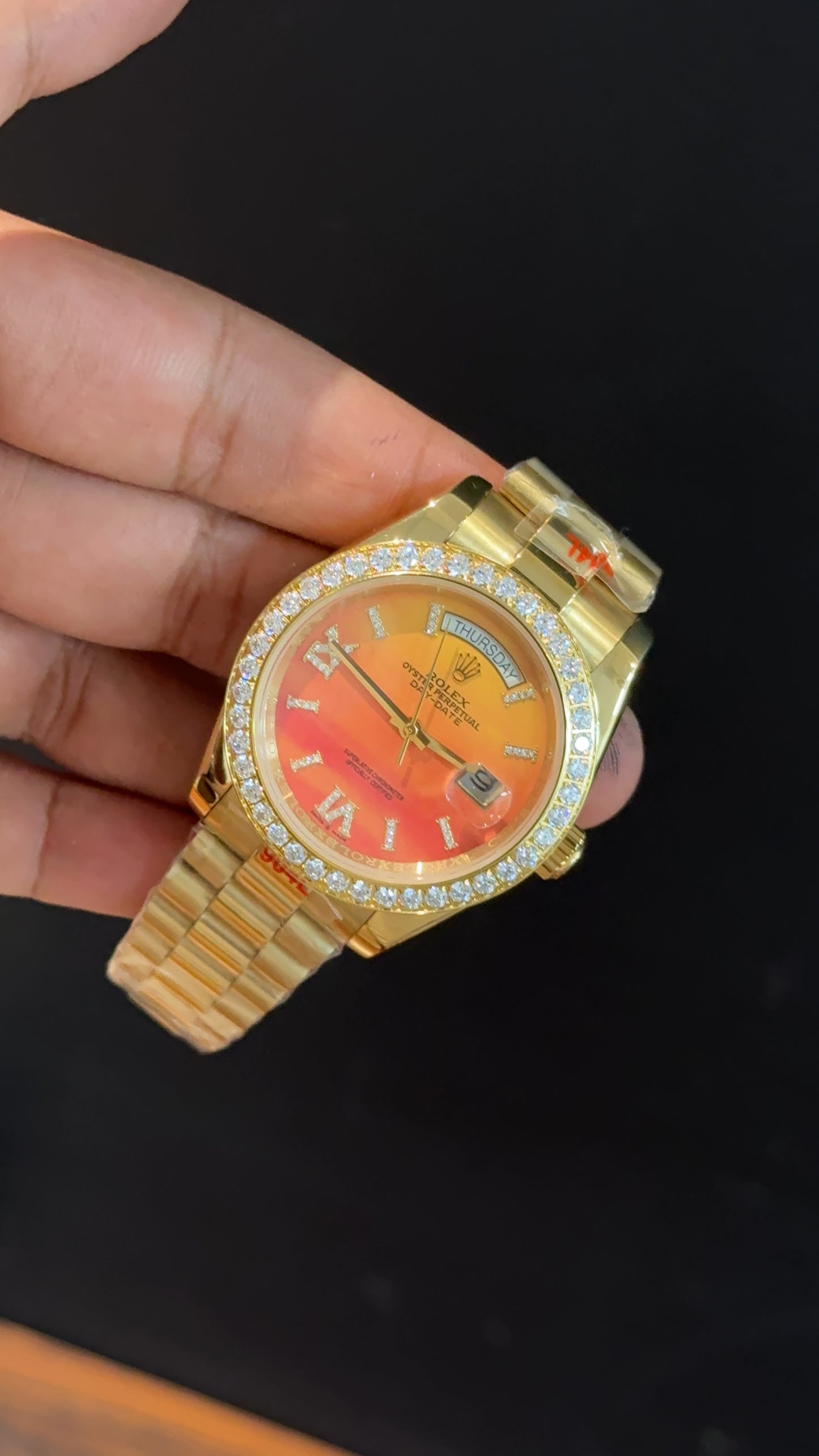 Daydate | Diamond Bezel | Gold Chain | Shady Orange Yellow Dial