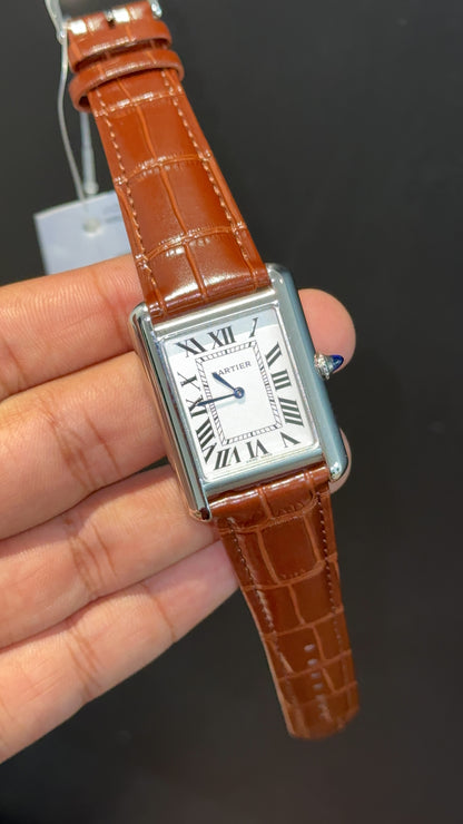 Cartier Tank | Silver | Brown Leather Strap | White Crafted Dial