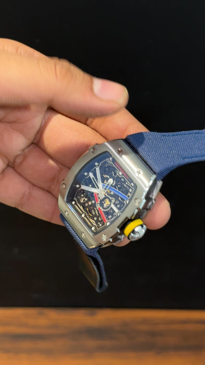 Premium Richard Mille | Silver | RM 67-02 Edition | Blue Strap | Skeleton | Black Dial