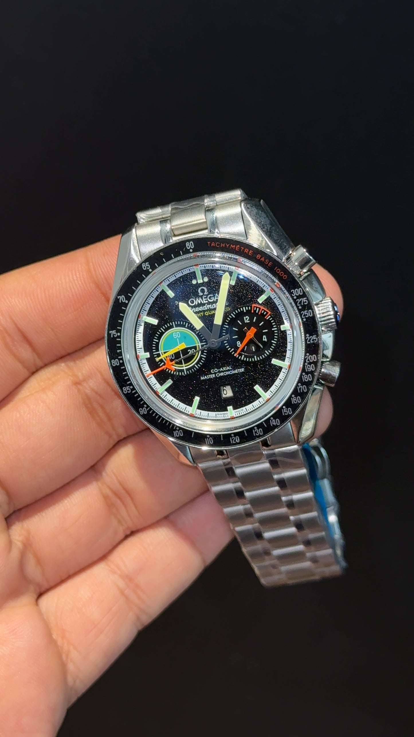 Omega Speedmaster | Silver Chain | Rainbow Chrono | Black Textured Dial