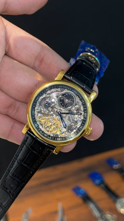 Patek Gold | Moonphase | Pendulum | Second Timer | Black Leather Strap | Grey Machine | Black Outline Dial