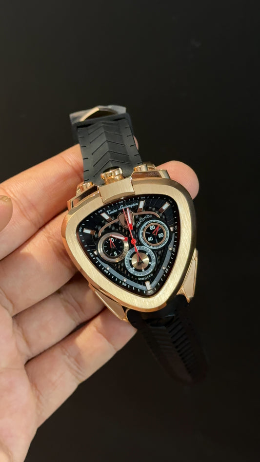Lamborghini | Rose Bezel | Chrono | Black Strap | Black Triangle Shape Dial