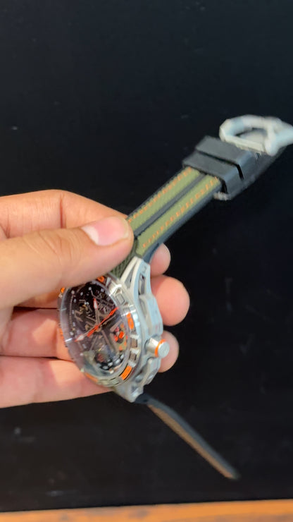 Premium Roger Dubuis | Silver | Excalibur Spider | Green Black Strap | Pendulum | Y Shaped Dial