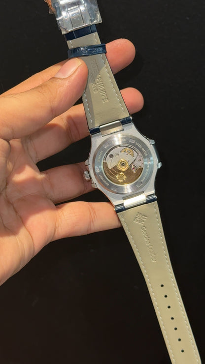 Pp Auto | Moonphase | Chrono | Silver Case | Blue Leather Strap | Purplish Dial