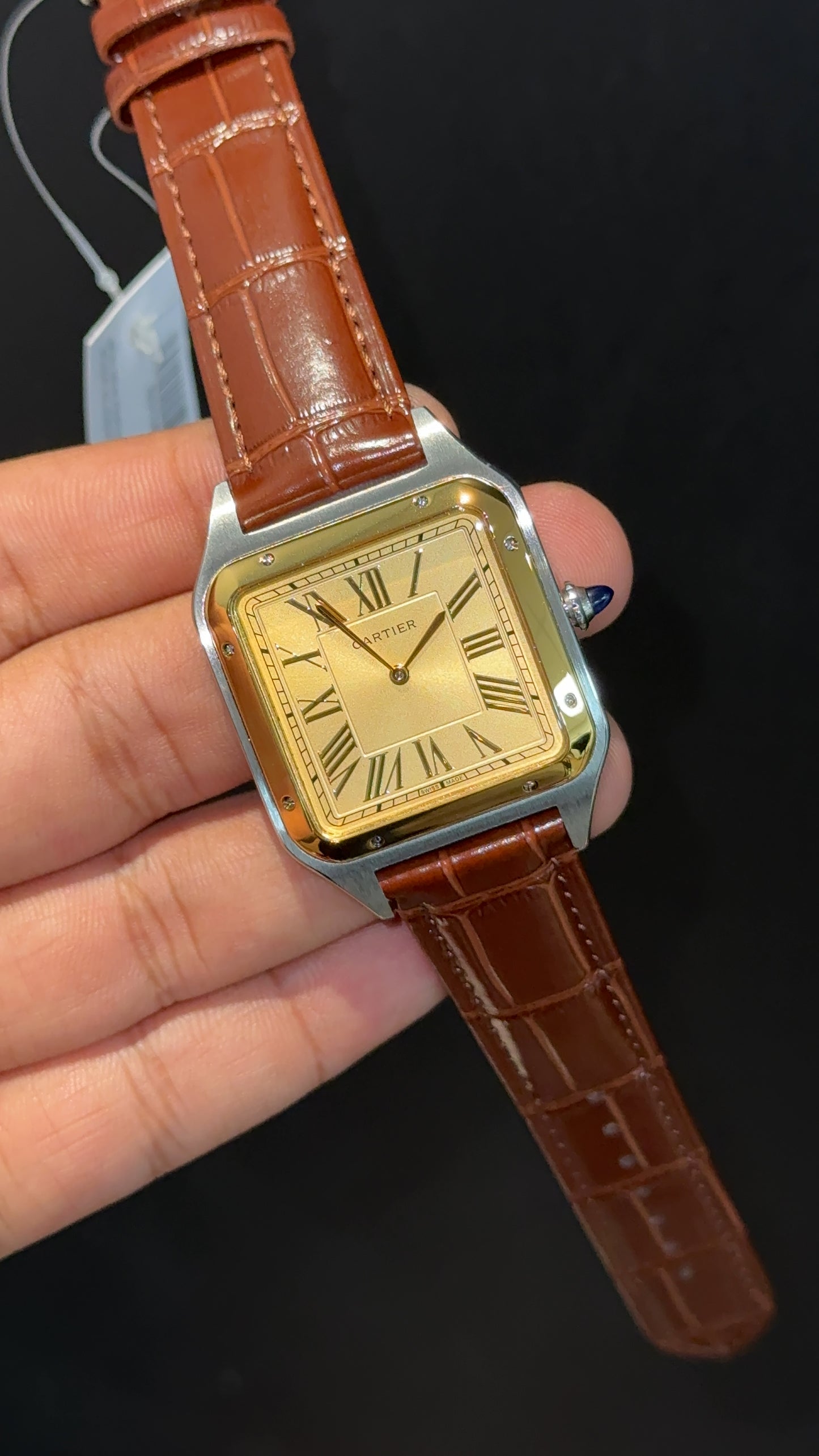 Cartier Santos | Gold Two Tone Case | Brown Dumont Strap | Gold Dial