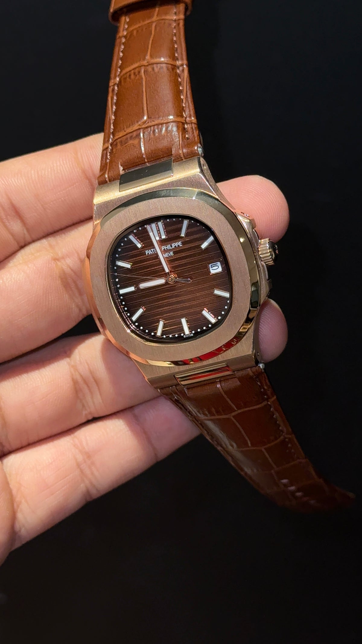 Pp Auto | Rose Bezel | Choco Dial | Brown Leather Strap