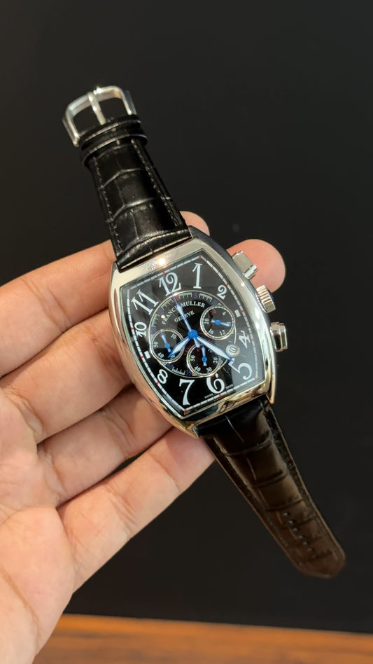 Franck muller | Silver | Black Leather Strap | Blue Chrono | Black Dial