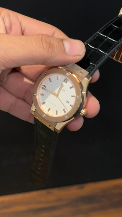 Hublot Auto | Rose Case | Black Strap | White Dial