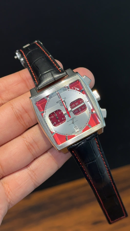 Tag Monaco | Black Leather Strap | Mehron Chrono | Red Silver Dial