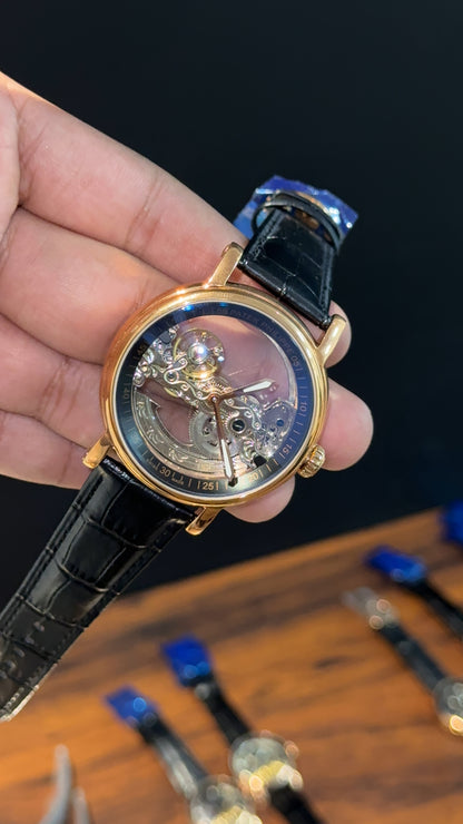 Patek Rose |  Black Leather Strap | Grey Machine | Transparent Dial