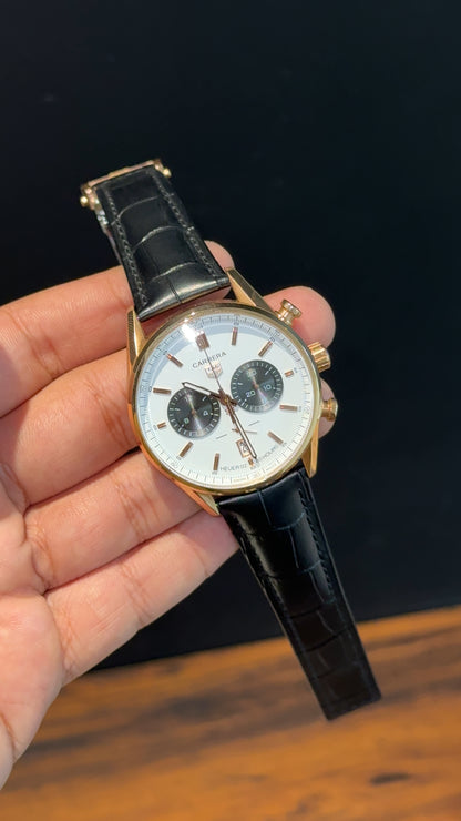 Tag Carrera | Black Strap | Rose Bezel | Black Chrono | White  Dial