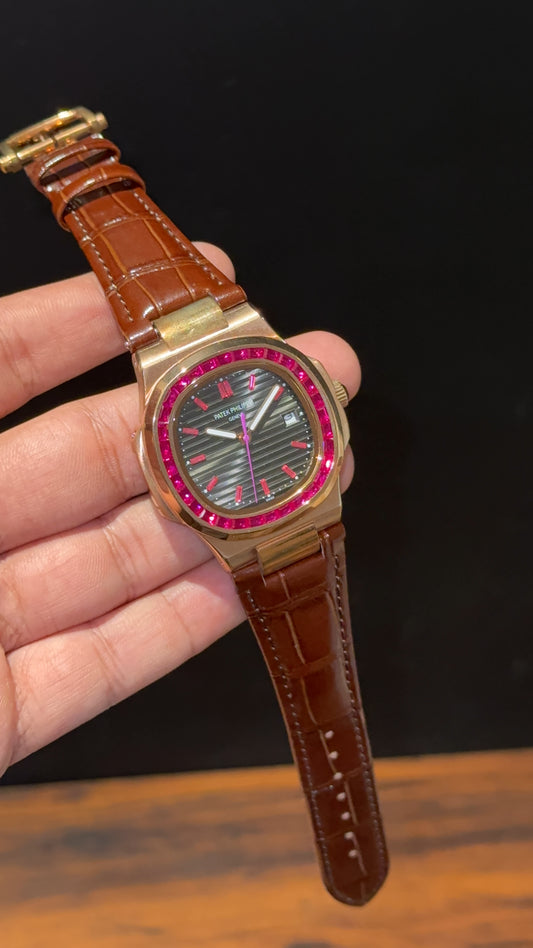 Pp Rose | Auto | Pink Diamond Bezel | Brown Leather Strap | Black Dial | Pink Digits