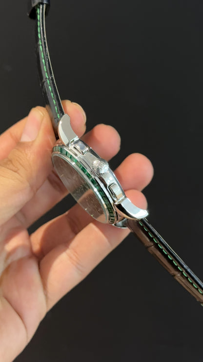 Patek Century | Auto | Silver | Green Diamond Bezel | Black Leather Strap | Green Index Dial