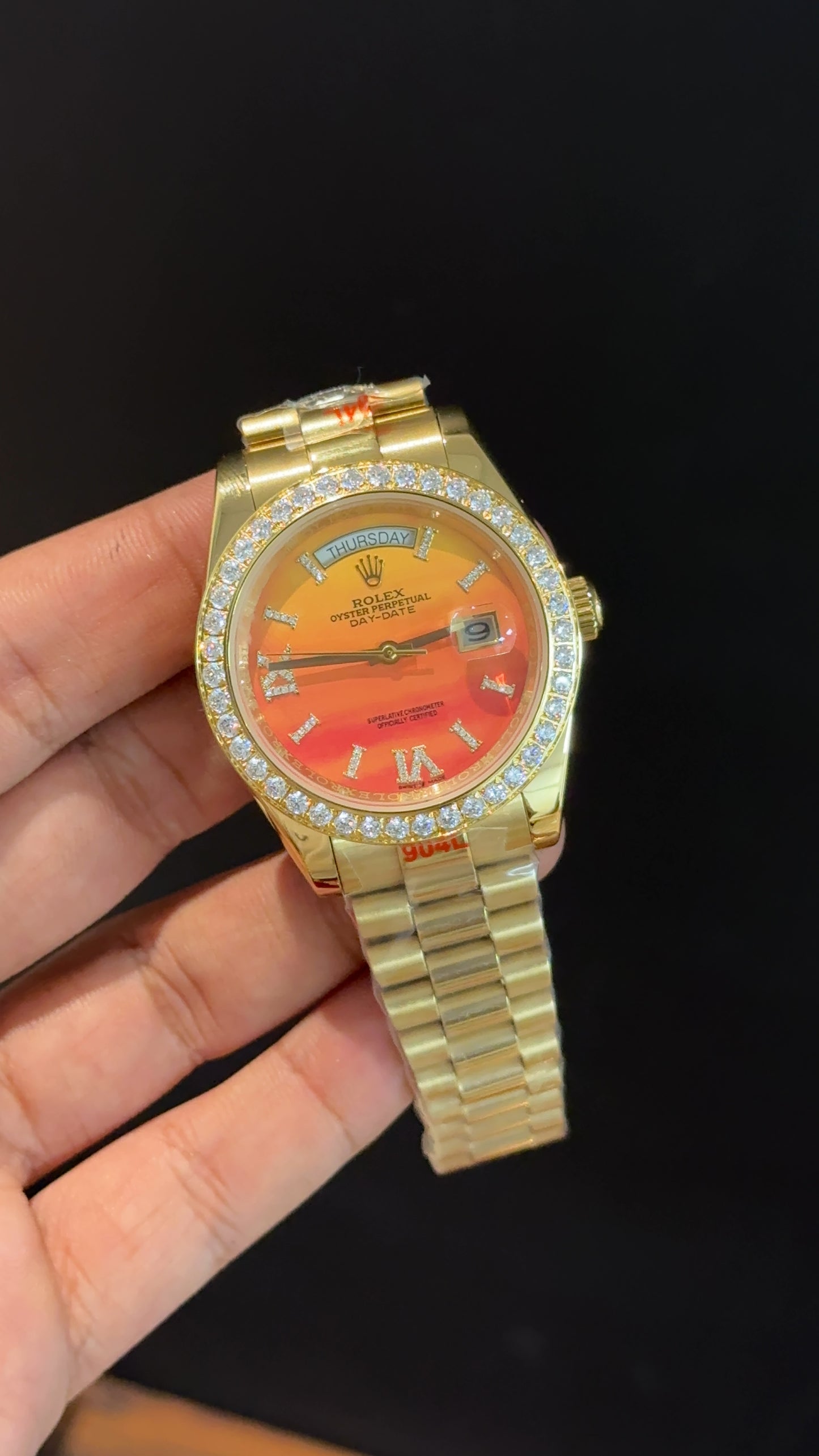Daydate | Diamond Bezel | Gold Chain | Shady Orange Yellow Dial