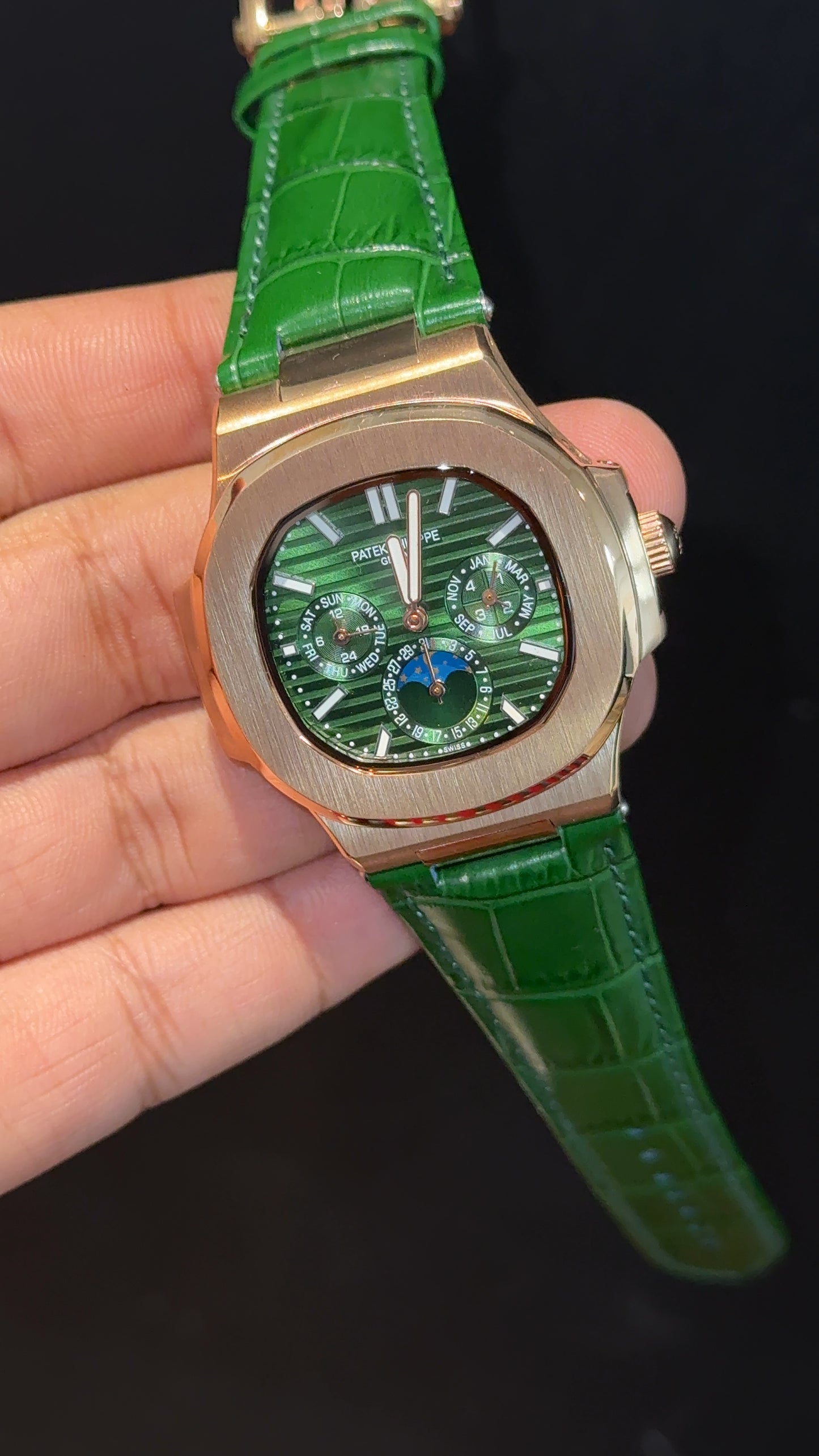 Pp Auto | Moonphase | Chrono | Rose Case | Green Leather Strap | Green Dial