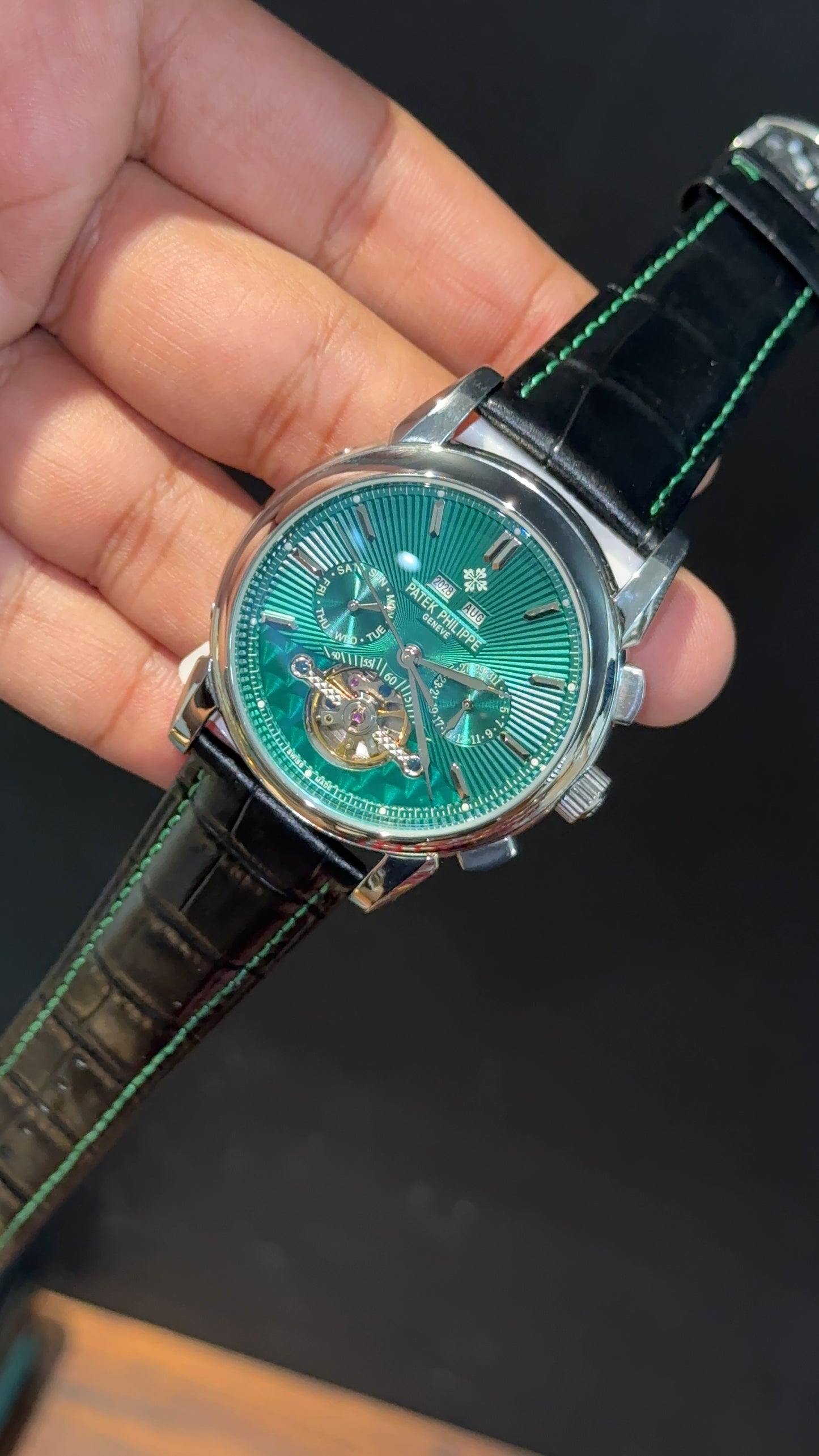 Patek Century | Auto | Pendulum | Silver Case | Green Lines Dial | Black Leather Strap - twentyfour