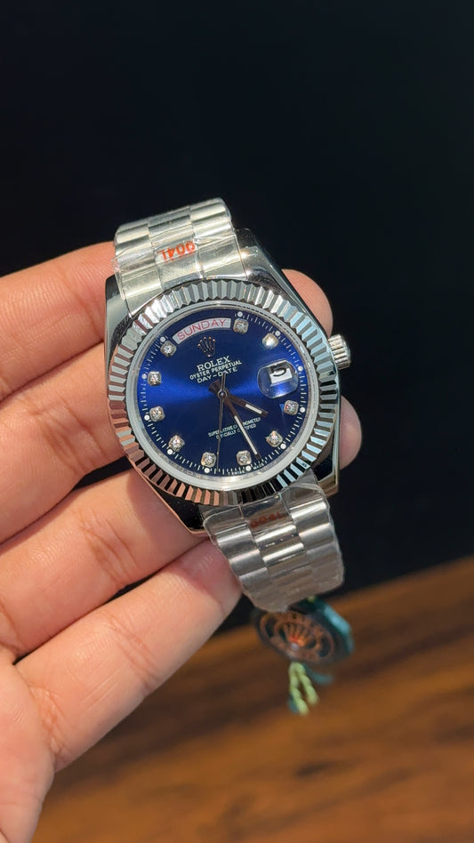 Daydate | Silver Chain | Diamond Digit | Blue Dial