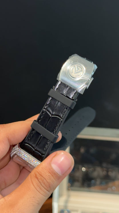 Premium Franck Muller | Vanguard  Chronograph Edition | Silver Diamond Case | Black Leather Strap | Silver Pearl Dial