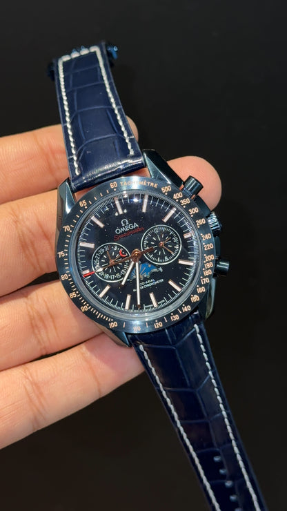 Omega Speedmaster | Rose Black Bezel | Blue Strap | Chrono Moonphase | Black Dial